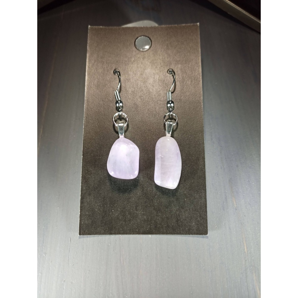 Purple Fluorite Crystal Drop Earrings Nickel Free Silver Tone Tumbled Stone Boho - Picture 5 of 5
